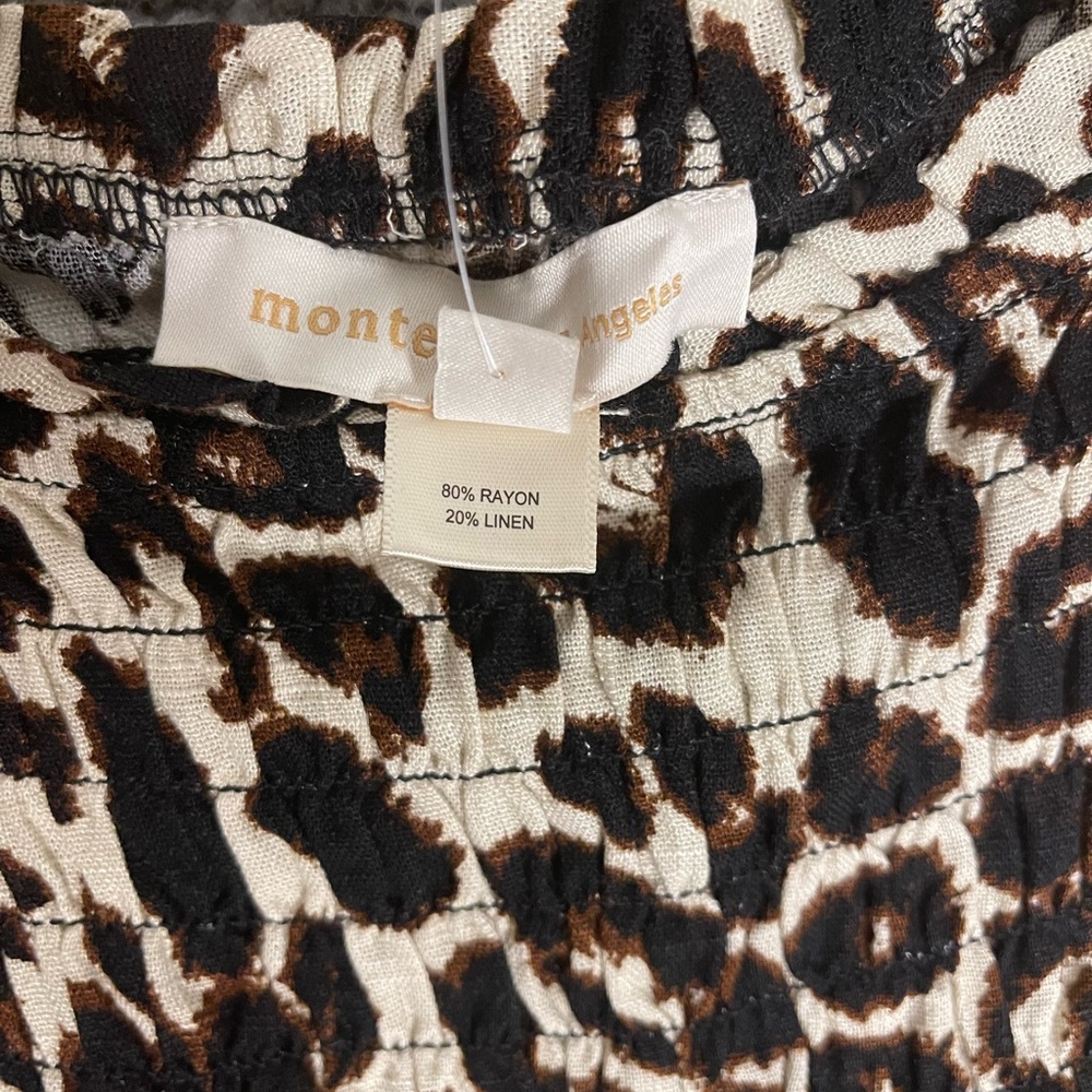 Monteau Linen Puff Sleeve Ruched Crop Top Leopard Print Square Neck NWT! Small - Picture 2 of 2